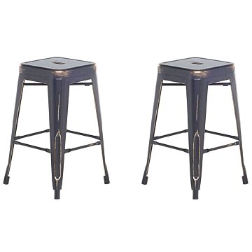 Set Of 2 Bar Stools Black With Gold Steel 60 Cm Stackable Counter Height Industrial Beliani