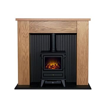 Adam New England Stove Fireplace In Oak & Black With Hudson Electric Stove In Black, 48 Inch