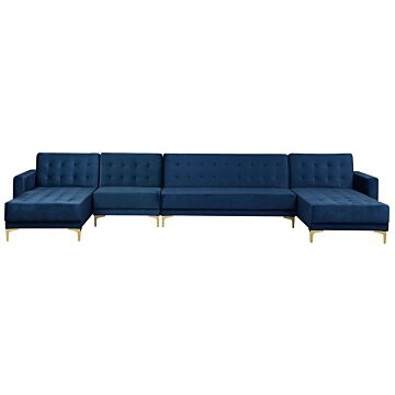 Corner Sofa Bed Navy Blue Velvet Tufted Fabric Modern U-shaped Modular 6 Seater Chaise Lounges Beliani
