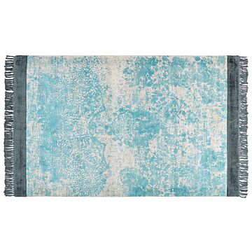 Area Rug Blue And Beige Viscose With Cotton Backing With Fringes 140 X 200 Cm Style Vintage Distressed Pattern Beliani