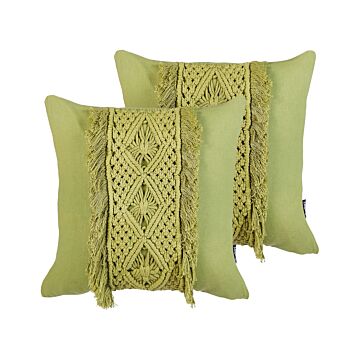 Decorative Cushion Set Of 2 Green Cotton Macramé 45 X 45 Cm With Tassels Rope Boho Retro Decor Accessories Beliani