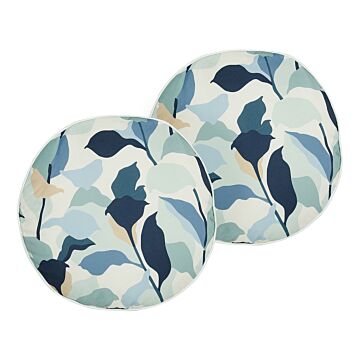Set Of 2 Garden Cushions Blue Polyester ⌀ 40 Cm Leaf Pattern Modern Outdoor Decoration Water Resistant Beliani