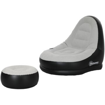 Outsunny Inflatable Sofa Chair And Foot Stool Set With Cup Holder, For Gaming, Reading And Movie Watching, Grey