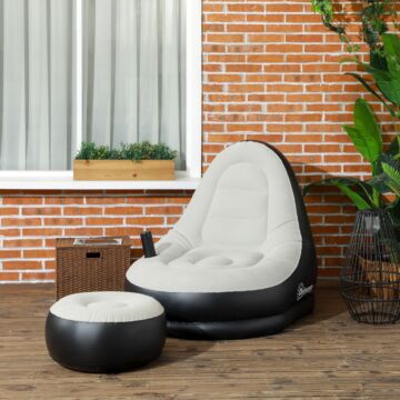 Outsunny Inflatable Sofa Chair And Foot Stool Set With Cup Holder, For Gaming, Reading And Movie Watching, Grey