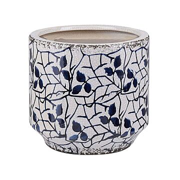 Flower Vase White Blue Stoneware Flower Pattern Waterproof Distressed Look Retro Design Beliani