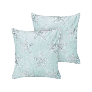 Set Of 2 Scatter Cushions Blue Velvet 45 X 45 Cm Marine Starfish Motif Square Polyester Filling Home Accessories Beliani