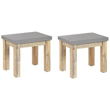 Set Of 2 Outdoor Garden Stools Grey Fibre Cement Seat Light Acacia Wood Base Modern Industrial Patio Footstool Beliani