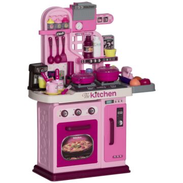 Aiyaplay Kids Kitchen With 33 Piece Accessories, Lights, Sounds, Storage, For Children 3-6 Years, Pink | Aosom Uk