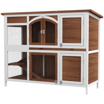 Pawhut Two-tier Wooden Pet Hutch With Openable Roof, Slide-out Tray