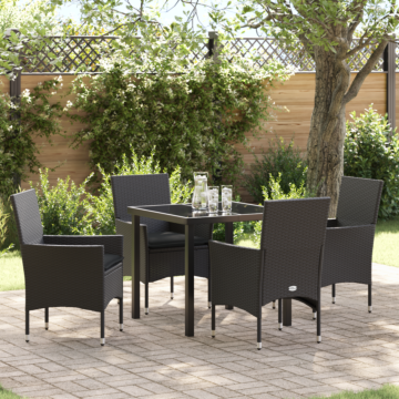 Vidaxl 5 Piece Garden Dining Set With Cushions Black Poly Rattan, Vidaxl Garden Table Black 80x80x73 Cm Tempered Glass