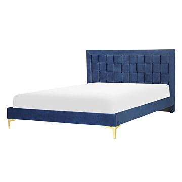 Upholstered Bed Frame Navy Blue Velvet Eu Double 140x200 Cm 4ft6 Headboard Golden Legs Beliani