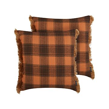 Set Of 2 Decorative Cushions Orange And Black 45 X 45 Cm Chequered Pattern With Fringes Retro Décor Accessories Bedroom Living Room Beliani