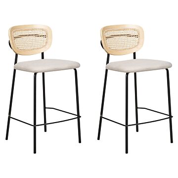 Set Of 2 Bar Chairs Light Beige Polyester Upholstery Natural Rattan Viennese Braid Backrest Black Metal Legs Armless Stools Beliani