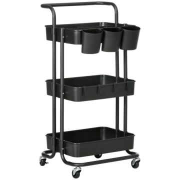 Homcom 3 Tier Utility Rolling Cart, Kitchen Cart With 3 Removable Mesh Baskets, 3 Hanging Box, 4 Hooks And Dividers For Living Room, Laundry Black