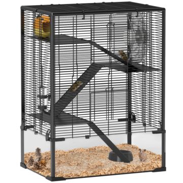 Pawhut 4 Tiers Hamster Cage With Deep Tempered Glass Bottom, Hut, Running Wheel, Food Dish, Water Bottle, 60 X 40 X 80cm