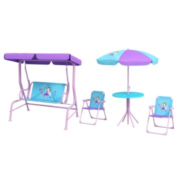 Outsunny 4pcs Kids Garden Furniture Set W/ 2 Seater Garden Swing Chair W/ Adjustable Canopy, Table And Chair Set W/ Parasol, For Toddler