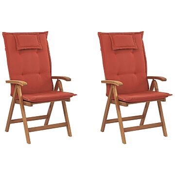 Set Of 2 Garden Chairs Light Acacia Wood With Red Cushions Folding Feature Uv Resistant Rustic Style Beliani