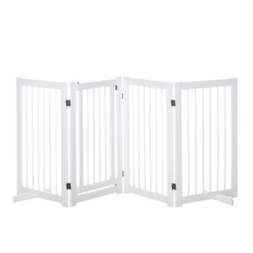 Pawhut Wooden Freestanding Pet Gate 4 Panels 91cm Foldable Dog Safety Fence With 2 Support Feet Walk-through Door For Doorway Stairs White