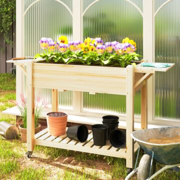 Outsunny Raised Garden Bed, Wooden Elevated Planter Box With Lockable Wheels, Side Tables And Bottom Shelf, Outdoor Planter With Liner And Drainage Holes For Vegetables, Flowers, Fruits, Natural