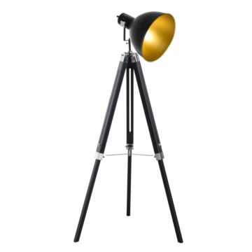 Homcom Industrial Floor Lamp For Living Room Tripod Spotlight Reading Lamp W/wood Legs Metal Shade Adjustable Height Angle Black And Gold