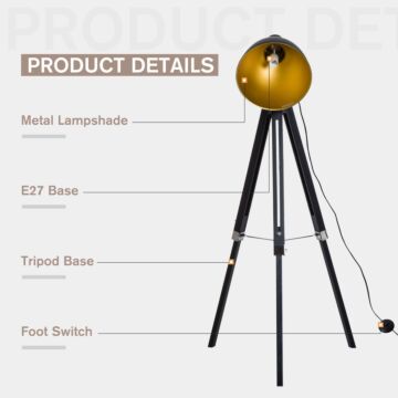 Homcom Studio Floor Lamp,tripod Spotlight Lamp With Wood Legs, Ø 30 Cm Lampshade And Max. 40w, 152cm Floor Lamp, Metal, Black And Gold