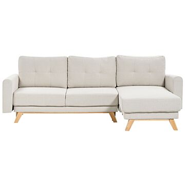 Left Corner Sofa Beige Fabric Upholstered With Sleeper Function Pull Out Cushioned Back Wooden Legs Beliani