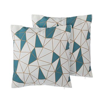 Set Of 2 Decorative Cushions Blue Cotton Geometric Pattern 45 X 45 Cm Net Print Decor Accessories Beliani