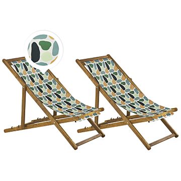 Set Of 2 Garden Deck Chairs Light Acacia Wood Frame Geometric Pattern Replacement Fabric Hammock Seat Reclining Folding Sun Lounger Beliani