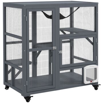 Pawhut Cat Cage House, Catio Cat Outdoor Enclosure On Wheels, Weather-resistant Wooden Kitty Cage With Platforms, Hammock, 100l X 60w X 110hcm - Light Grey | Aosom Uk