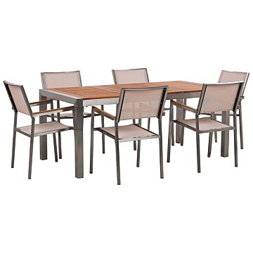 Garden Dining Set Light Eucalyptus Wood Top Steel Frame 180 X 90 Cm With 6 Beige Chairs Beliani