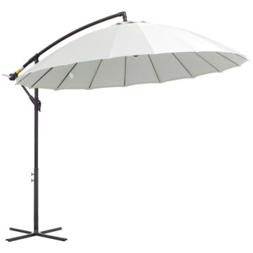 Outsunny 3(m) Cantilever Shanghai Parasol Garden Hanging Banana Sun Umbrella With Crank Handle, 18 Sturdy Ribs And Cross Base, Off-white
