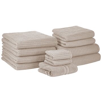 Set Of 11 Towels Beige Cotton Low Twist Guest Hand Bath Towel Bath Sheet And Bath Mat Beliani