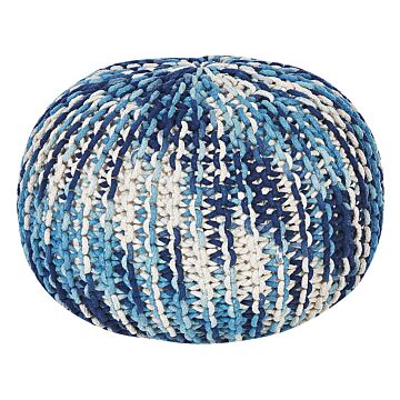 Pouf Ottoman White And Blue 50 X 35 Cm Knitted Cotton Eps Beads Filling Round Small Footstool Beliani