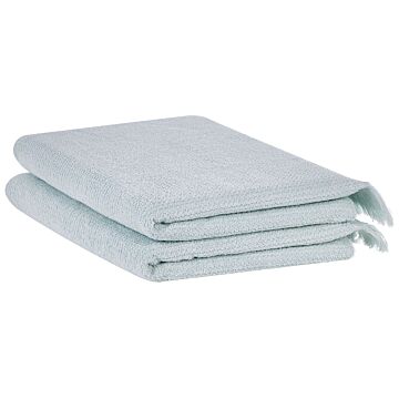 Set Of 2 Bath Sheets Towels Mint Terry Cotton Polyester 100 X 150 Cm Tassels Texture Bath Towels Beliani