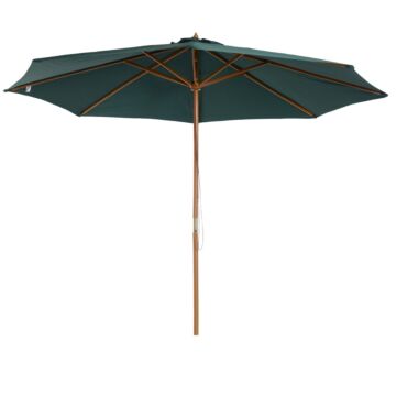 Outsunny 3(m) Wooden Patio Umbrella, Pulley Operated Garden Parasol With Rope Pulley Mechanism And 8 Ribs, Dark Green
