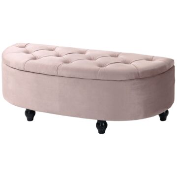 Homcom Semi-circle Bed End Bench Ottoman With Storage Tufted Upholstered Accent Seat Footrest Stool With Rubberwood Legs For Bedroom & Entryway, Pink