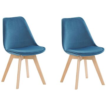Set Of 2 Dining Chairs Blue Velvet Upholstery Seat Sleek Wooden Legs Modern Design Beliani