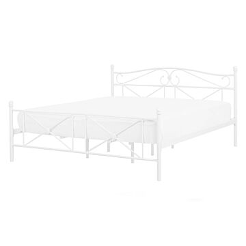 Eu Double Size Panel Bed 4ft6 White Metal Frame Slatted Base Retro Beliani