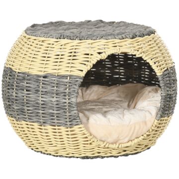 Pawhut Wicker Cat House, Rattan Raised Cat Bed, Cosy Kitten Cave With Soft Washable Cushion, Φ40 X 30cm