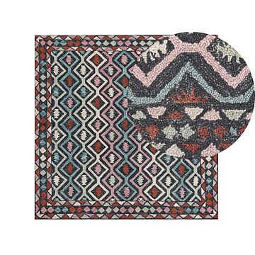Area Rug Mulitcolour Wool 200 X 200 Cm Flat Weave Hand Tufted Geometric Oriental Pattern Beliani