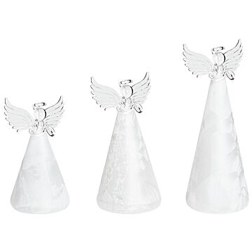Set Of 3 Decorative Angels White Glass Led Illuminated Figurines Christmas Holiday Season Decoration Beliani