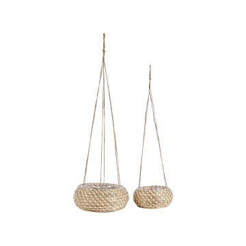 Set Of 2 Hanging Plant Pots Natural Seagrass 27 X 86/ 22 X 69 Cm Home Accessory Planter Boho Style Beliani