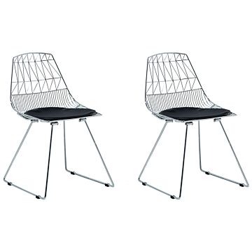 Set Of 2 Dining Chair Silver Metal Frame Black Faux Leather Seat Geometric Backrest Modern Industrial Design Beliani