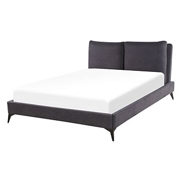 Eu Double Size Panel Bed Dark Grey Velvet Upholstery 4ft6 Slatted Base With Thick Padded Headboard Beliani