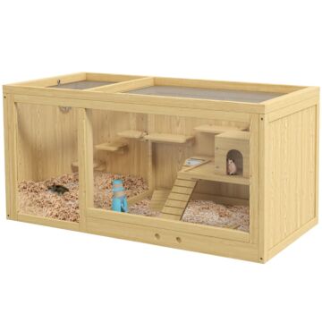 Pawhut Wooden Hamster Cage With Water Bottle, Platforms, Openable Roof, Sliding Tray, Hut, Seesaws, Natural Wood Finish