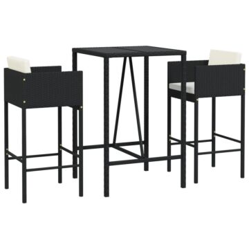 Vidaxl 3 Piece Garden Bar Set With Cushions Black Poly Rattan