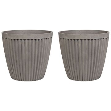 Set Of 2 Plant Pots Planters Solid Taupe Stone Mixture Round ⌀ 36 Cm Outdoor Resistances All-weather Beliani