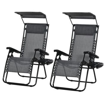 Outsunny 2 Piece Foldable Reclining Garden Chairs With Headrest, Zero Gravity Deck Sun Loungers Seat Chair With Footrest, Armrest, Cup Holder & Canopy Shade, Light Grey