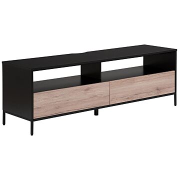 Tv Stand Light Wood With Black For Up To 70ʺ Tv Media Unit With 2 Drawers Shelves Beliani