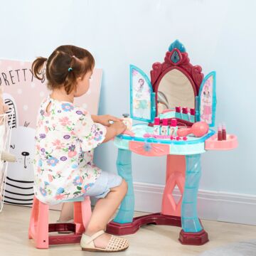 Homcom 31 Pcs Kids Dressing Table Set With Magic Princess Mirror, Musical Pretend Toy W/ Beauty Kit Mirror Light & Music, For 3-6 Years Old Blue+pink